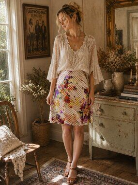 Etcetera Vintage 100% Silk Floral Polka Dot A-Line Midi Skirt Cream Pink Size 2